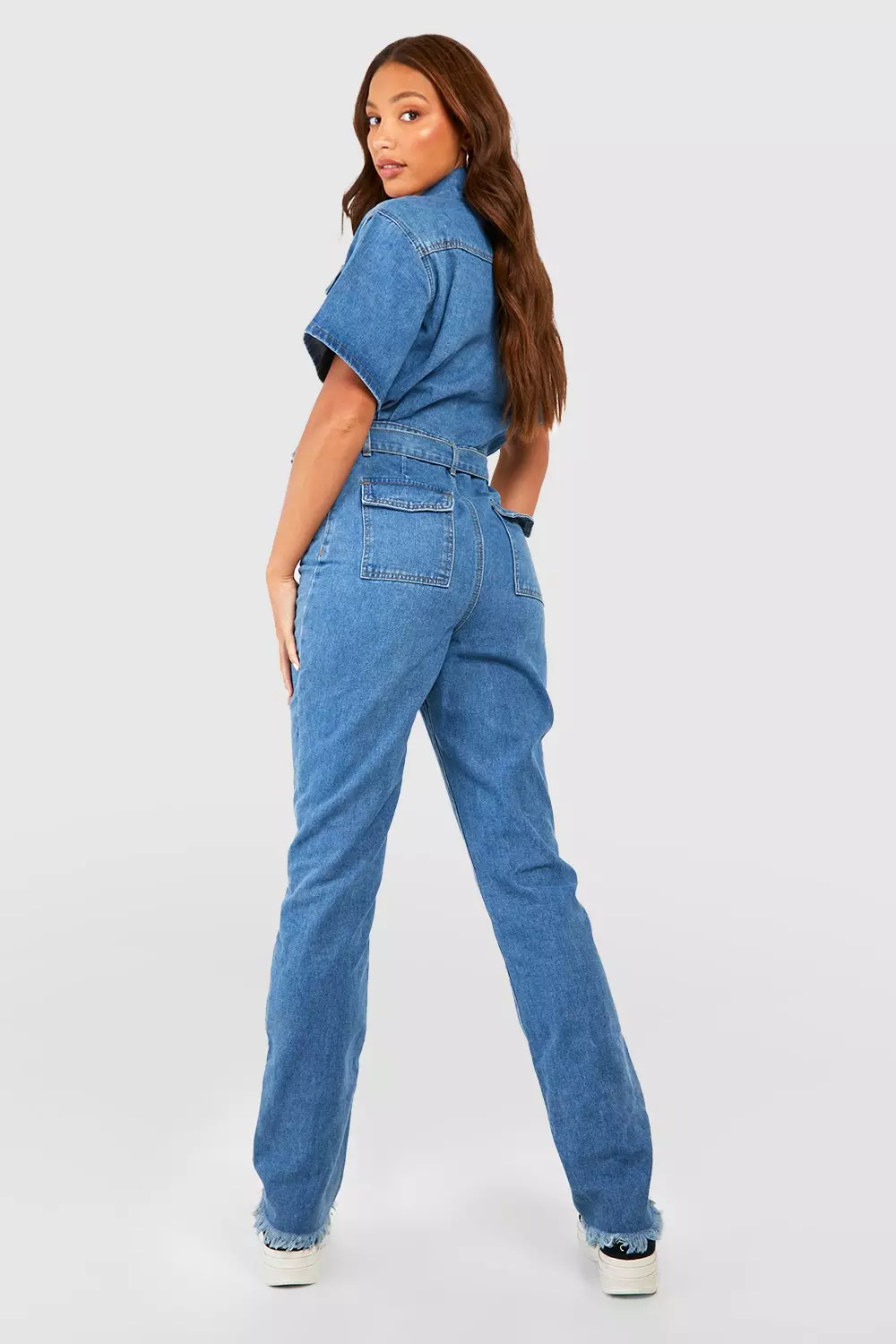 Tall Shortsleeve Belted Tapered Cargo Denim Jumpsuit